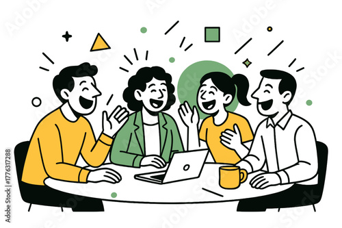 Cheerful Colleagues' Laughter. Laughing in a Group. Colleagues sharing a funny moment around a table with floating abstract geometric shapes, cheerful and