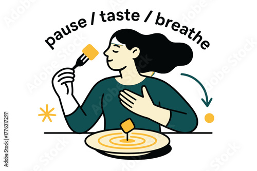 Mindful Dining Artistry. Mindful Eating Practices. Minimal table setting with one plate, one bite, and calm ripples around it. Text ?pause / taste / breathe?
