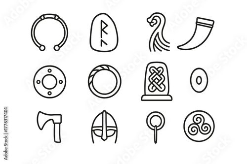 Celtic Norse Relics Icons. Celtic and Norse relics. Line icon set of Celtic and Norse relics: torc necklace, rune stone, longship prow, drinking horn, shield