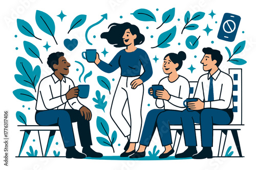 Employee Tea Break. Digital detox for employees. Group enjoying tea break outside office with abstract floating leaves, icons, and sparkles; conveys