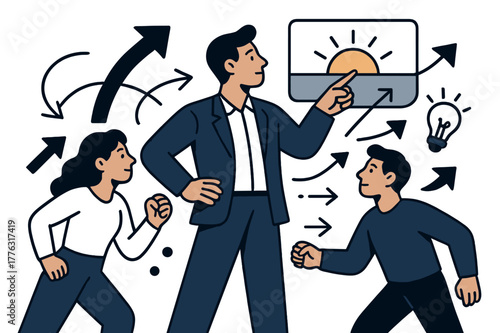 Vision and Strategy. Vision and leadership. Central figure pointing toward a rising sun icon on a horizon board; arrows show strategy pathways ahead. Calm,