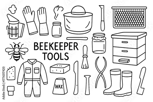 Beekeeper Essentials Doodle. Beekeeper tools. Hand-drawn doodle illustration smoker, gloves, hat, hive tool, brush, jar, honeycomb, frame, box, scraper, tongs,