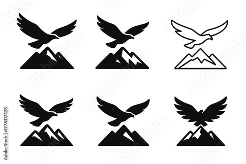 Seasonal Animal Logos. Animals in the wild during different seasons. Set Logo of Animals in the wild during different seasons: eagle soaring over mountains.