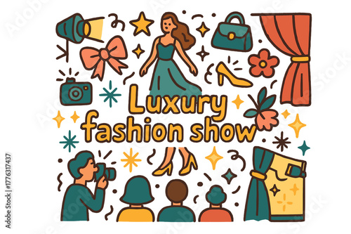 Luxury Fashion Doodle Extravaganza. Luxury fashion show. Hand-drawn doodle illustration of luxury fashion show