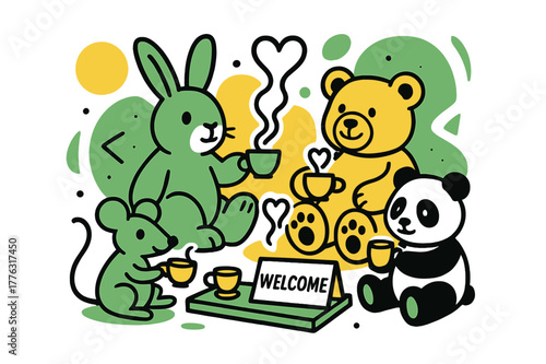 Stuffed Animal Tea Party. Playroom ? Stuffed animal tea party. Tiny cups steam as plush friends gather; heart-shaped steam curls upward. A card on the tray