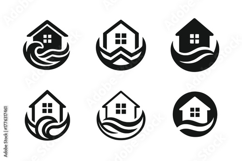 Home Flooding Logos. Dealing with home flooding and water damage. Set Logo of dealing with home flooding and water damage: water wave encircling a secure home.