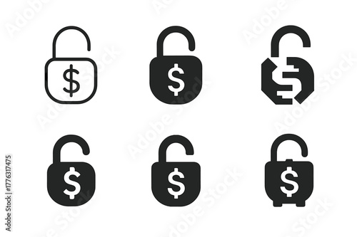 Financial Freedom Logos. Paying off debts and credit obligations. Set Logo of financial freedom: open lock with dollar sign. Icon set. harmonious