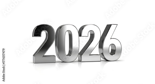 Shiny silver 2026 number isolated on white background for new year celebration