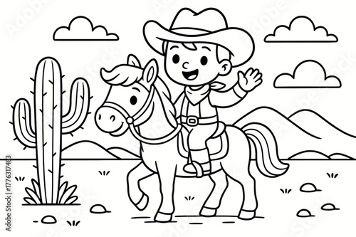 Friendly Cowboy Coloring. Wild West children?s coloring book illustration, outlined drawing, friendly cowboy on a horse waving near a cactus, educational
