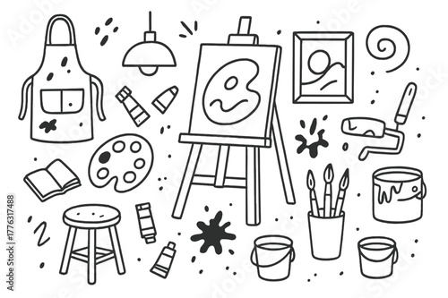 Art Studio Doodle. Modern art studio. Hand-drawn doodle illustration modern art studio easel, paint tubes, palette, brushes, stool, apron, splatter, bucket,