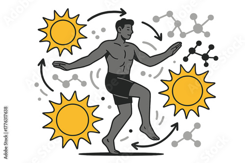 Heat Energy Dynamics. Heat tolerance genes. Human figure surrounded by glowing sun shapes and molecular structures. Energy and balance in extreme heat. Modern