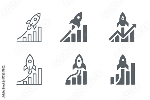 Startup Logo Variations. Startup ecosystem. Set Logo of Startup ecosystem: rocket launching from growth graph. harmonious logo variations of the same