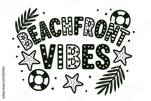 Beachfront Playful Lettering. Beachfront Vibes ? playful decorative display lettering; patterned letters (dots/stripes/stars), gently arched word-shape; framed