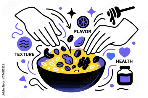 Vibrant Ingredient Mix. Mixing ingredients. Hands combining glowing oats, nuts, dried fruits, and honey in a
