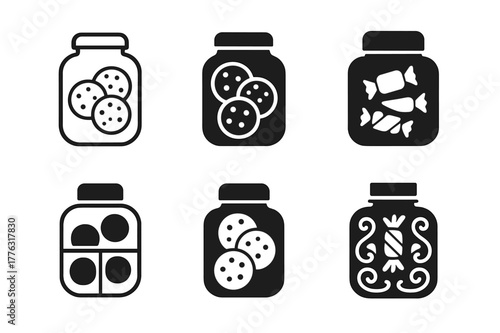 Forgotten Treat Logos. Finding a forgotten treat or snack in your pantry. Set Logo of Forgotten treat: jar of cookies or sweets. Icon set. harmonious logo