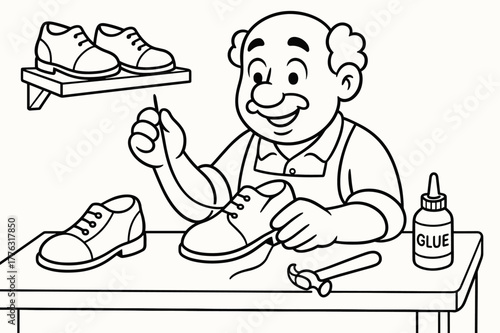 Cobbler Coloring Fun. Shoe maker children?s coloring book illustration, outlined drawing, friendly cobbler