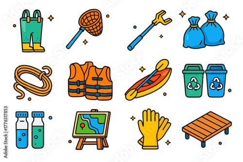 Riverbank Cleanup Icons. Riverbank cleanup. Colorful isometric vector icons set of riverbank cleanup: waders, collection nets, litter grabber, trash bags,