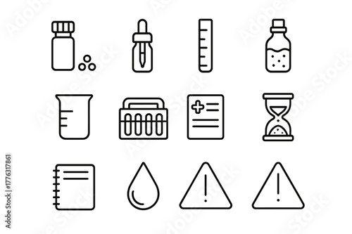 Homeopathy Icon Collection. Homeopathy. Line icon set of homeopathy: small vial, pellets, dropper bottle, dilution scale, succussion bottle, glass beaker,