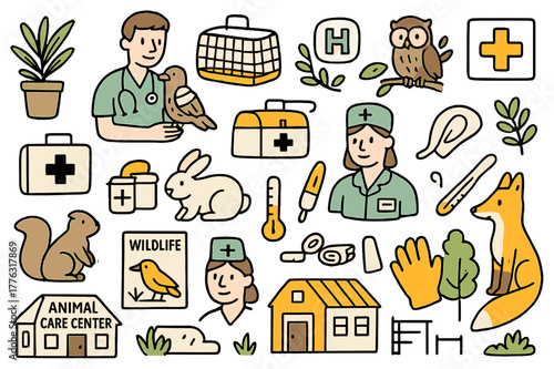 Animal Care Clinic. Animal care center. Hand-drawn doodle illustration veterinarian (colored), injured bird (colored), animal cage (colored), medical kit