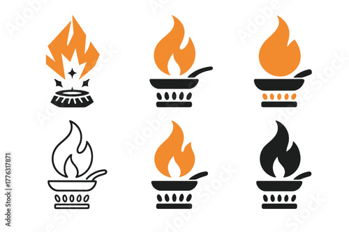 Flame Inspired Logo Variations. A chef flambeing a dish with a burst of flames in a pan. Set Logo of burner ignition: gas ring sparking into flame under pan.