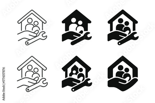 Home Repair Assistance Icons. Volunteering to help a family member with home maintenance tasks. Set Logo of volunteering to help a family member with home