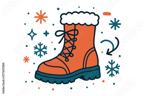 Winter Fashion Illustration. Boot. Snow boots on snowy background with abstract floating snowflakes, icons, and sparkles; conveys winter, warmth, and outdoor