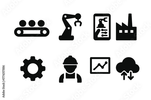 Industrial Automation Icons. Industrial automation. Filled icon set of industrial automation: conveyor belt,