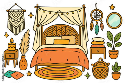 Boho Bedroom Elements. Boho Bedroom. Colorful Hand-drawn doodle Children illustration Boho Bedroom canopy bed, woven headboard, linen duvet, macrame wall art,