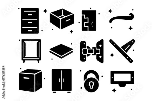 Drawer Cabinet Icons. Drawer and cabinet systems. Solid icons set of Drawer and cabinet systems: filing cabinet, drawer box, dovetail joint, handle pull,