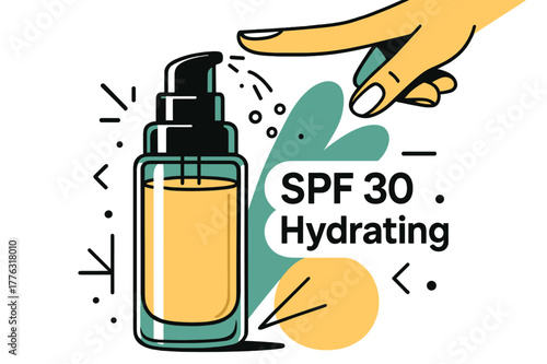 Elegant Foundation Bottle. Foundation Bottle Design. A sleek glass cylinder with soft shoulders catches light; ?SPF ? Hydrating? floats beside a subtle glow. A