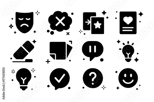 Inner Critic Symbols. Reframing the inner critic. Solid icons set of Reframing the inner critic: critic mask, thought bubble X, replace card, affirmation card,