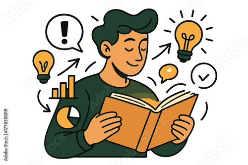 Dynamic Learning Scene. Continuous learning. Person reading a book surrounded by floating icons of ideas,