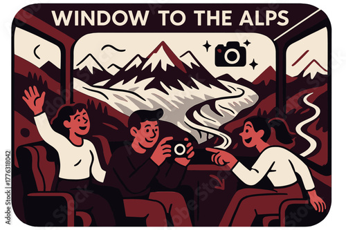 Alpine Scenic Ride. Alpine panoramic carriage. Broad windows frame glaciers and ridgelines; ?Window to the Alps? curves above plush seats. A camera icon