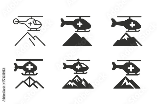 Rescue Helicopter Logos. Helicopters and aircraft involved in rescue operations. Set Logo of helicopters and aircraft involved in rescue operations: mountain