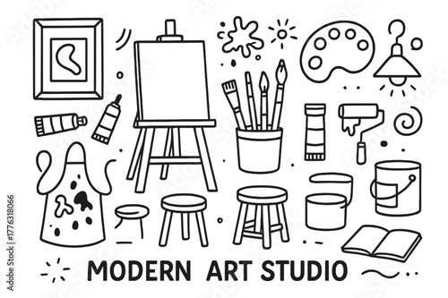 Art Studio Essentials. Modern art studio. Hand-drawn doodle illustration modern art studio easel, paint tubes, palette, brushes, stool, apron, splatter,