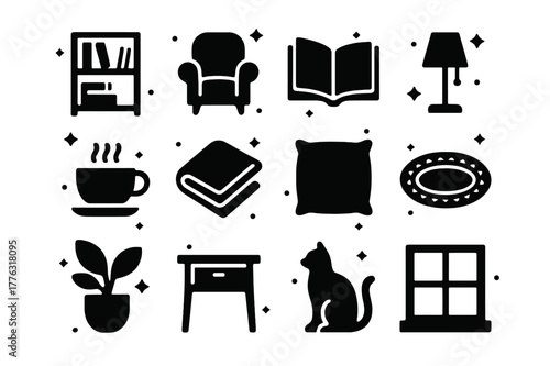 Cozy Reading Icons. Book Lover?s Spot. Solid icons set of Book Lover?s Spot: bookshelf, armchair, book, lamp, blanket, coffee cup, cushion, rug, plant, side