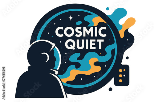 Cosmic Window View. Astronaut Window View. A helmeted silhouette gazes through a round viewport; ?Cosmic Quiet? floats over drifting nebula smoke. Panel lights