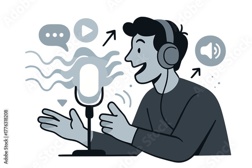 Dynamic Podcast Illustration. Radio and podcasts. A host speaking into a glowing microphone, waves and sound