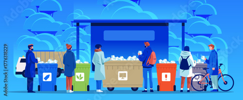 People sorting waste recycling bins environmental conservation group activity modern city background blue color scheme banner