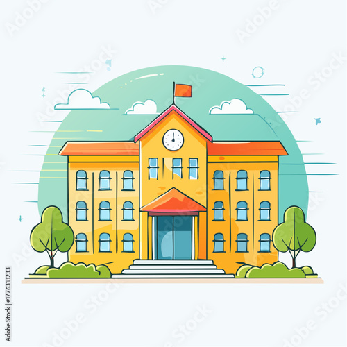 Cartoon illustration of a school building with trees and sky background