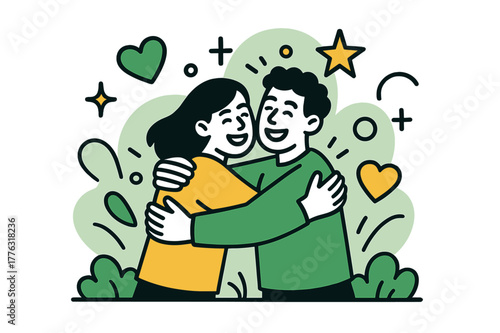 Joyful Reunion Embrace. Reunion happiness. A wide scene with two friends embracing, subtle abstract floating