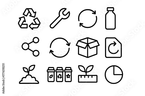 Circular Economy Icons. Circular economy. Line icon set of circular economy: recycle symbol, repair wrench, reuse arrows, refill bottle, share icon, product