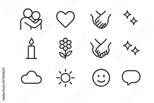 Affectionate Icon Set. Affectionate couple. Line outline icon set of affectionate couple: hugging figures,