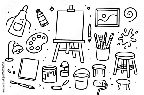Art Studio Doodle. Modern art studio. Hand-drawn doodle illustration modern art studio easel, paint tubes, palette, brushes, stool, apron, splatter, bucket,