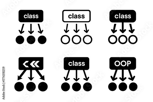 OOP Logo Variations. Object-oriented programming (OOP) chart. Set Logo of OOP: class-object relationship chart. Icon set. harmonious logo variations of the