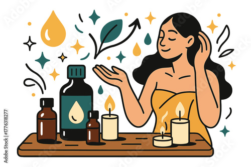 Soothing Aromatherapy Scene. Aromatherapy oils. Spa treatment table with essential oils, candles, and abstract floating icons, droplets, and sparkles; conveys