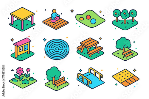 Public Spaces Icons. Public spaces for wellbeing. Colorful isometric vector icons set of Public spaces for wellbeing: shade pavilion, yoga deck, play meadow,