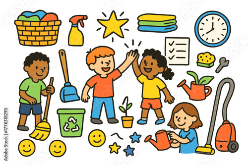 Colorful Teamwork Chores. Teamwork chores. Colorful Hand-drawn doodle Children illustration Teamwork chores laundry basket, broom, dustpan, spray bottle,