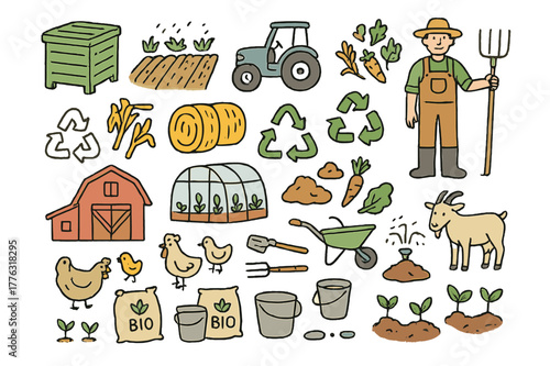 Farm Waste Recycling. Farm waste management. Hand-drawn doodle illustration compost bin (colored), farm field (colored), crop residues (colored), tractor