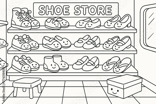 Smiling Shoes Coloring Fun. Shoe store children?s coloring book illustration, outlined drawing, cartoon shop